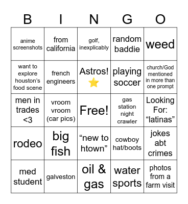 Houston Hinge Bingo Card