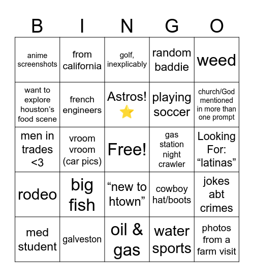 Houston Hinge Bingo Card