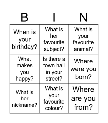 Q & A  All about me Bingo Card