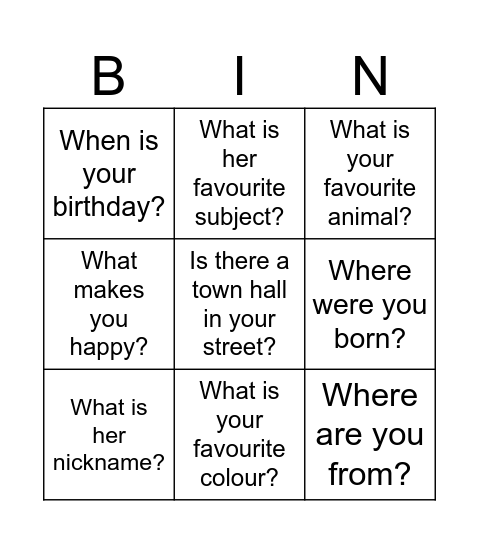 Q & A  All about me Bingo Card