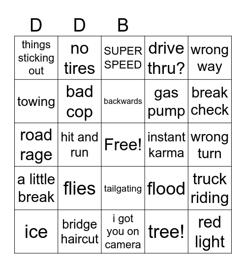 Dumb Drivers Bingo Card