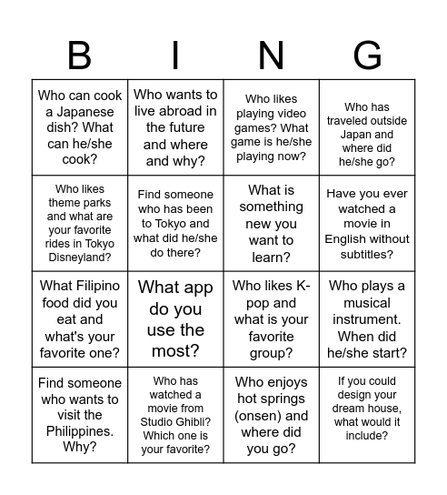 Bingo-style speaking questions Bingo Card