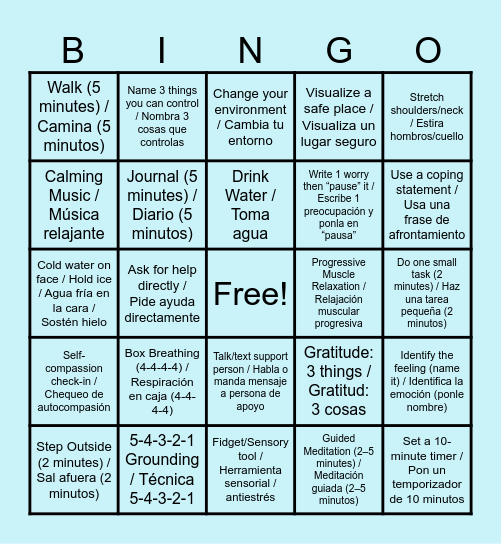 Coping Skills Bingo Card
