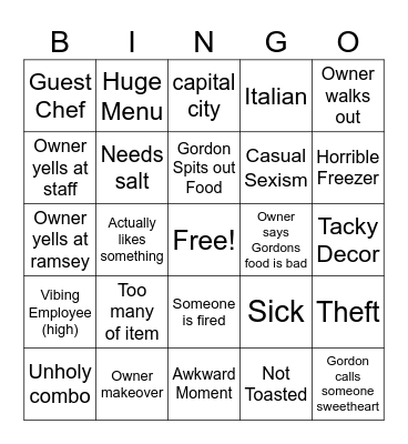 Kitchen Nightmares Bingo Card