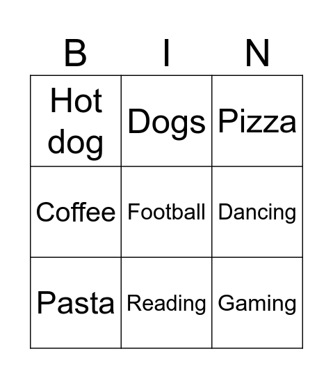 I Like: Bingo Card