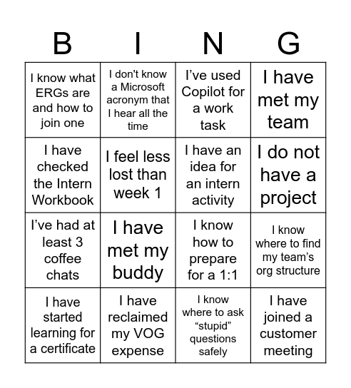 INTERN Bingo Card