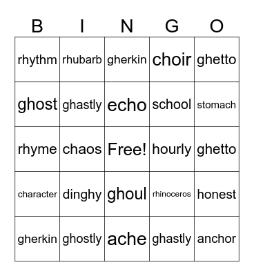 silent h words Bingo Card