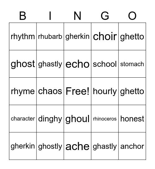 silent h words Bingo Card
