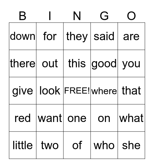 Sight Word Bingo Card