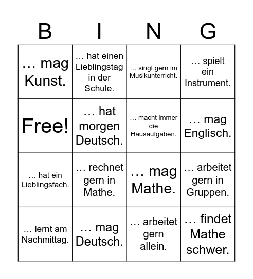 Schulfächer Bingo Card