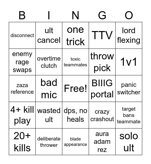 Marvel Rivals Ranked Bingo Card