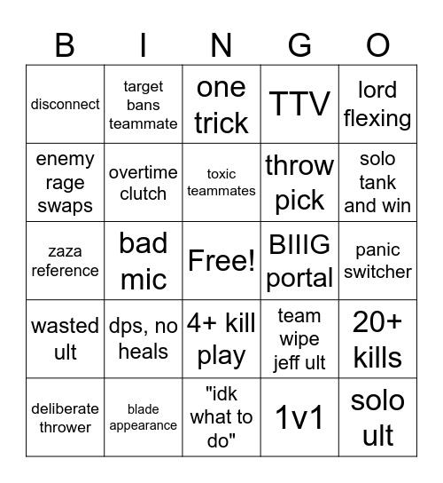 Marvel Rivals Ranked Bingo Card