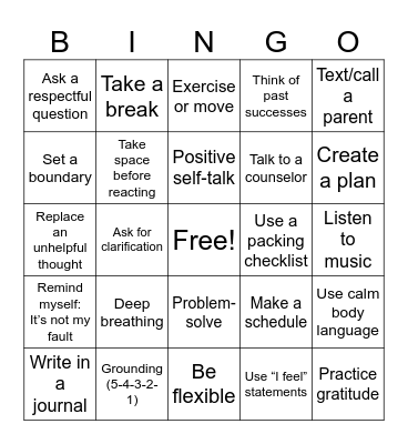 Coping Skills Bingo 3-6 Bingo Card
