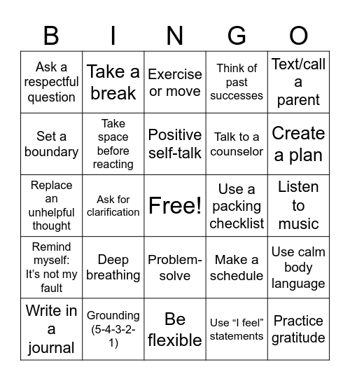 Coping Skills Bingo 3-6 Bingo Card