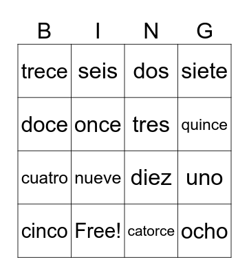 numeros Bingo Card