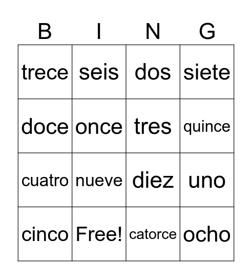 numeros Bingo Card