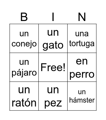 Spanish Animals Bingo Card