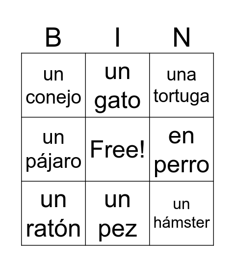 Spanish Animals Bingo Card