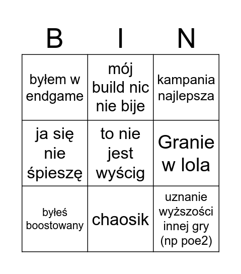 Janisz league starter Bingo Card