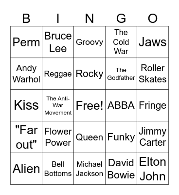 1970's Pop Culture Bingo Card