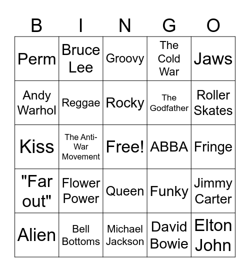 1970's Pop Culture Bingo Card