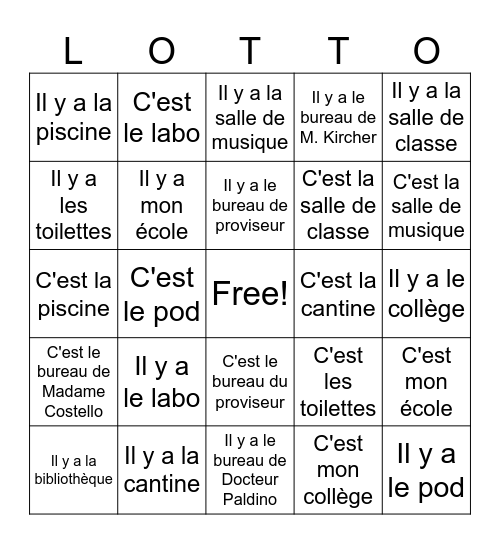 Il y a and c'est school places Bingo Card