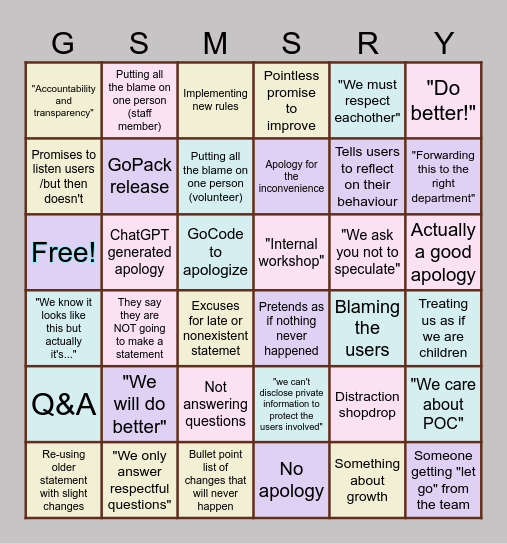 GoSuperApologyain't Bingo Card