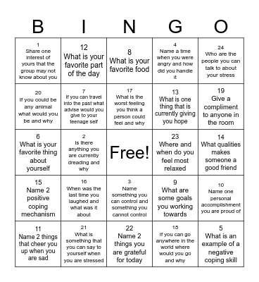 Mental Health Bingo Card