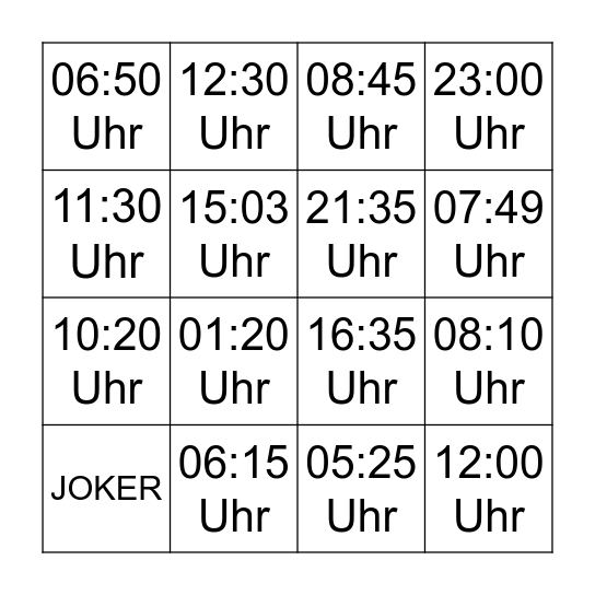 Uhrzeiten-Bingo Card