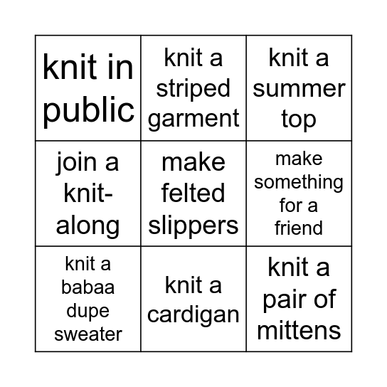 2026 Knitting Bingo Card