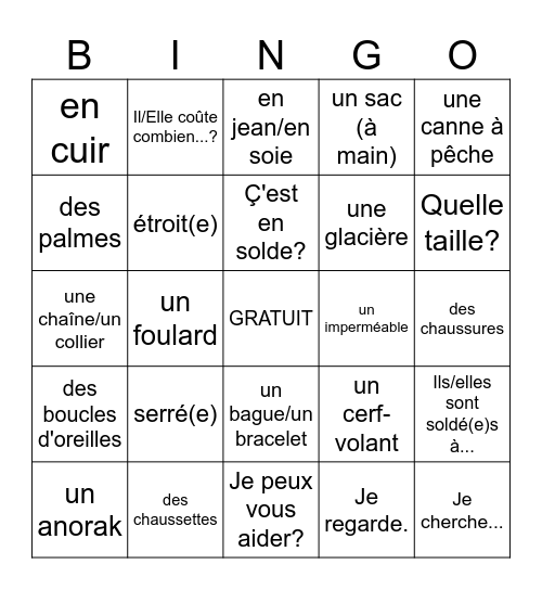 Français Chapitre 7 Bingo Card