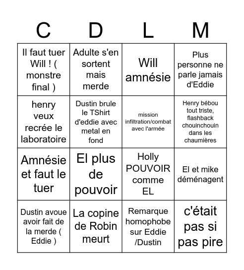 Stranger Things Bingo Card