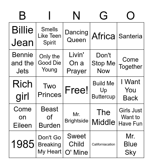 Oldies Singo Bingo Card