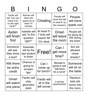 Exam Bingo Card