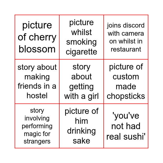 Oliver Japan Bingo Card