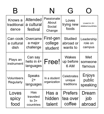 Get to Know You! Bingo Card