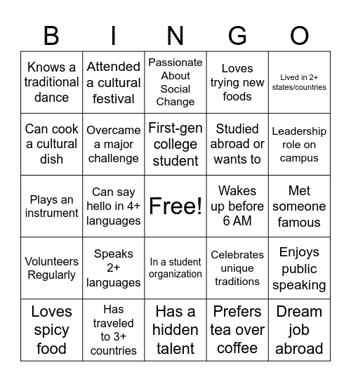 Get to Know You! Bingo Card