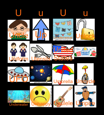 Letter U Bingo Card