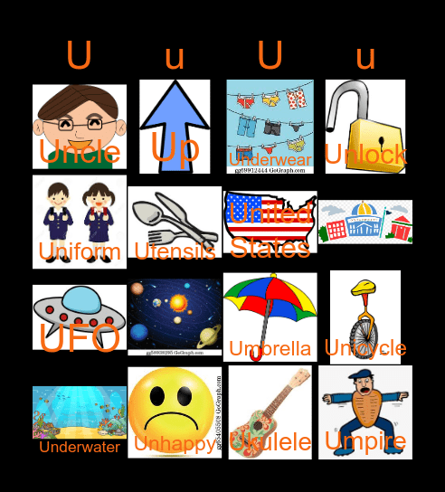 Letter U Bingo Card