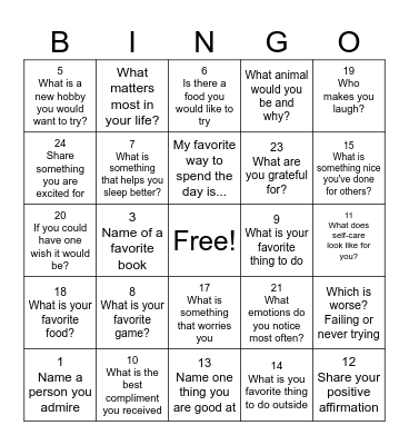 Self Esteem Bingo Card