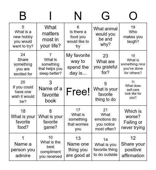 Self Esteem Bingo Card