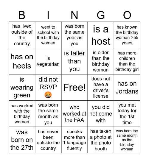 Find a Guest Who Bingo Card