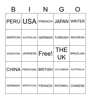 NATIONALITIES Bingo Card