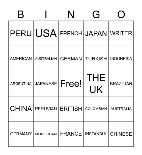 NATIONALITIES Bingo Card