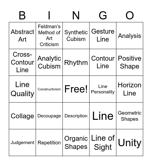 Art 1 Vocab Bingo Card