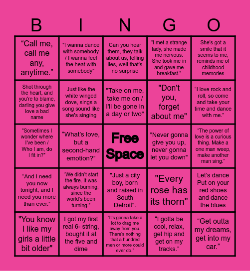 80s Music Bingo Card