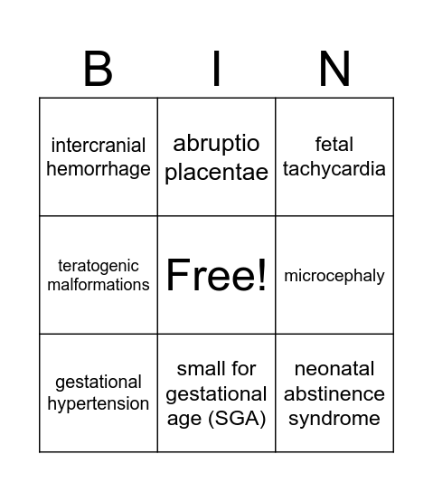 Cocaine Use in Pregnancy Bingo Card