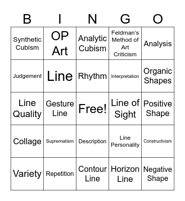 Art 1 Vocab Bingo Card