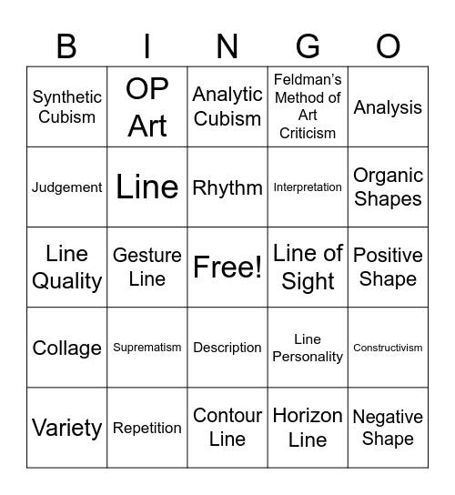 Art 1 Vocab Bingo Card