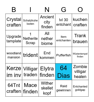 Minecraft bingo Card